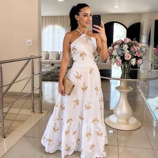 Vestido Feminino Longo Estampado com Amarração nas Costas e Babados - Kaia